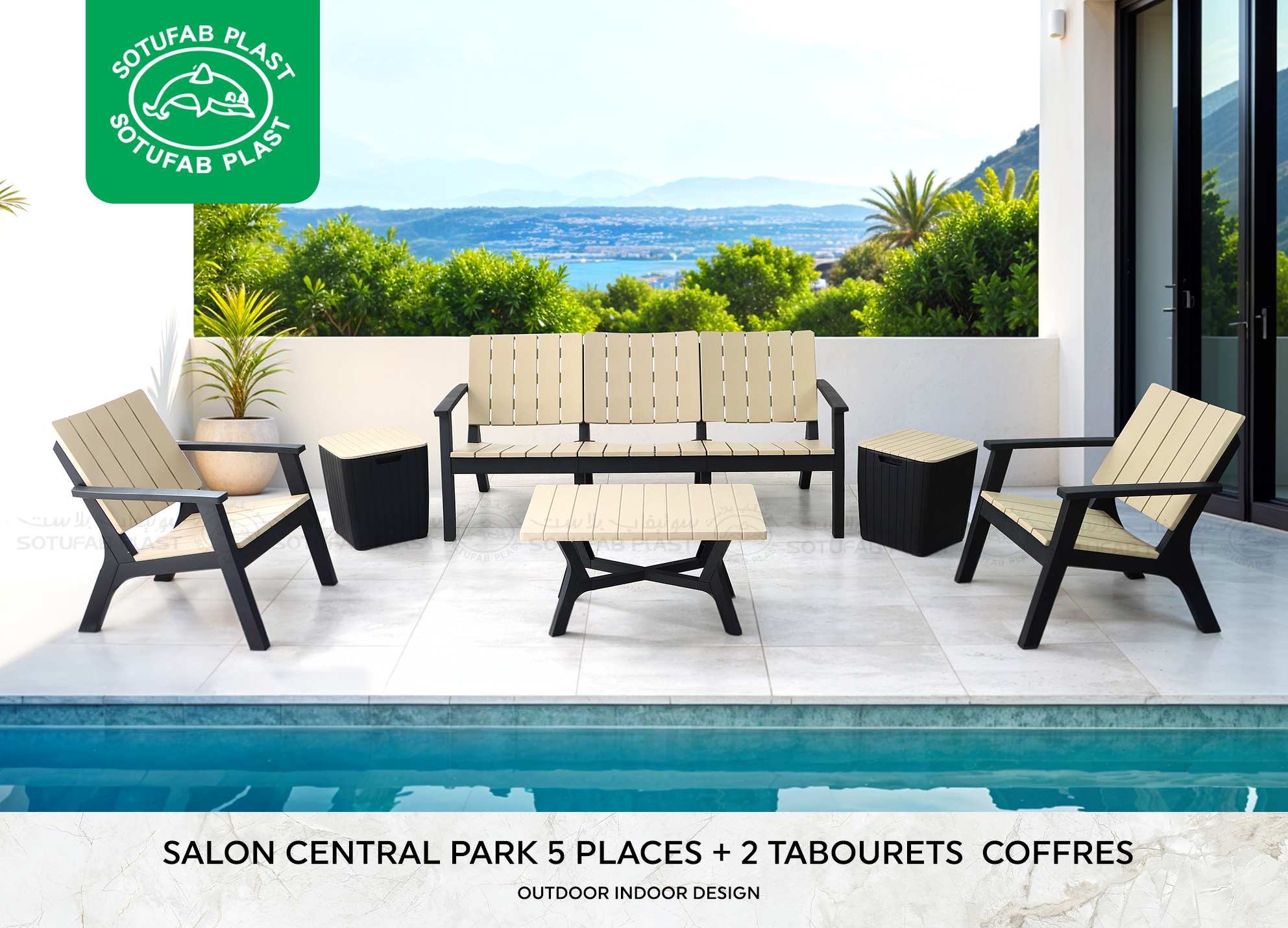 Salon Central Park SOTUFAB 7 Places Bois Dont 2 Tabouret Coffre - CHS420-1015 - Noir / Grege