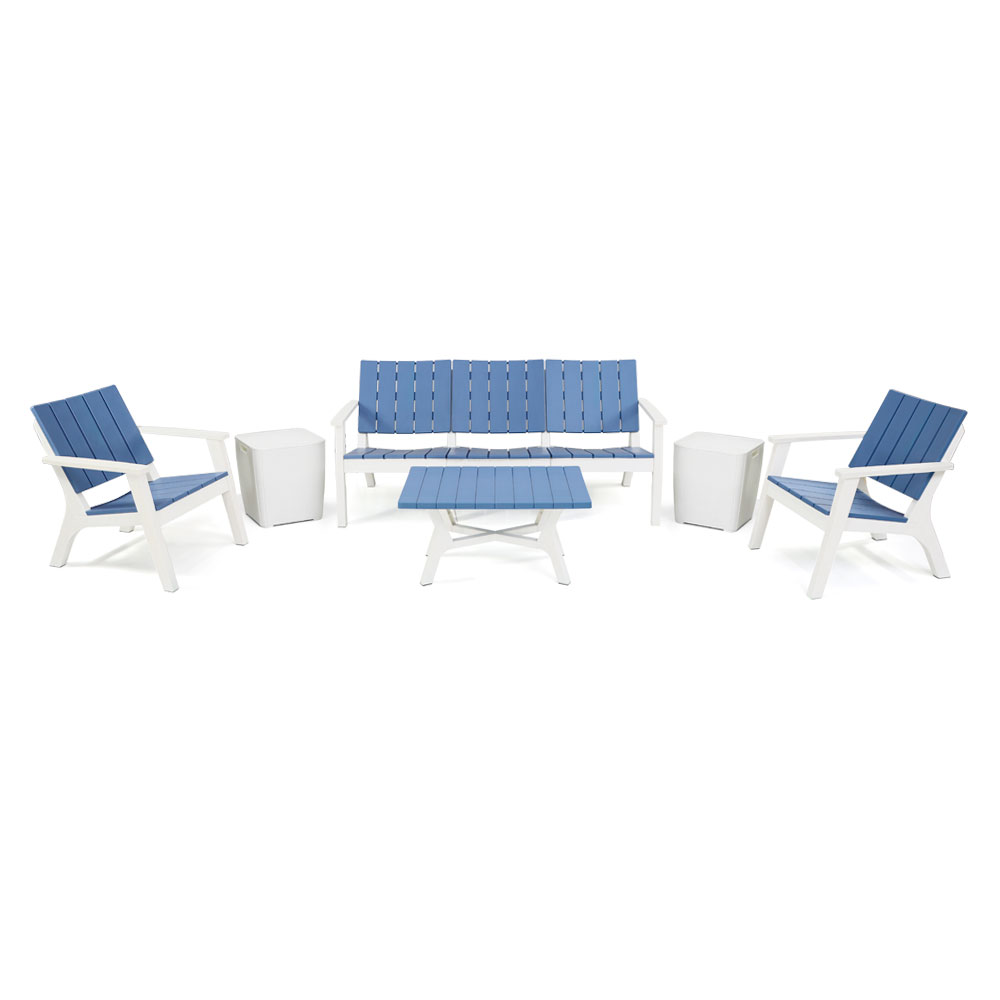 Salon Central Park SOTUFAB 7 Places Bois Dont 2 Tabouret Coffre - CHS420-00311 - Blanc / Bleu