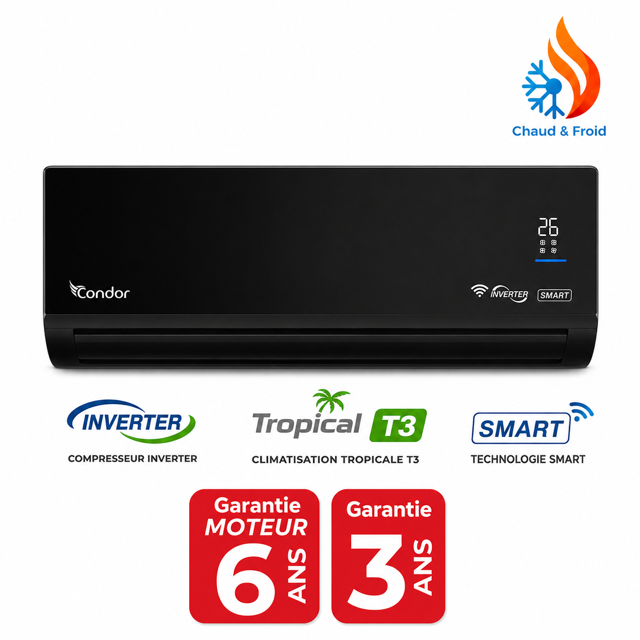 Climatiseur Condor CS12-AL84ST3BM 12000 BTU Alpha Super Tropical Inverter Smart Tropicalise T3 - Chaud/Froid - Noir