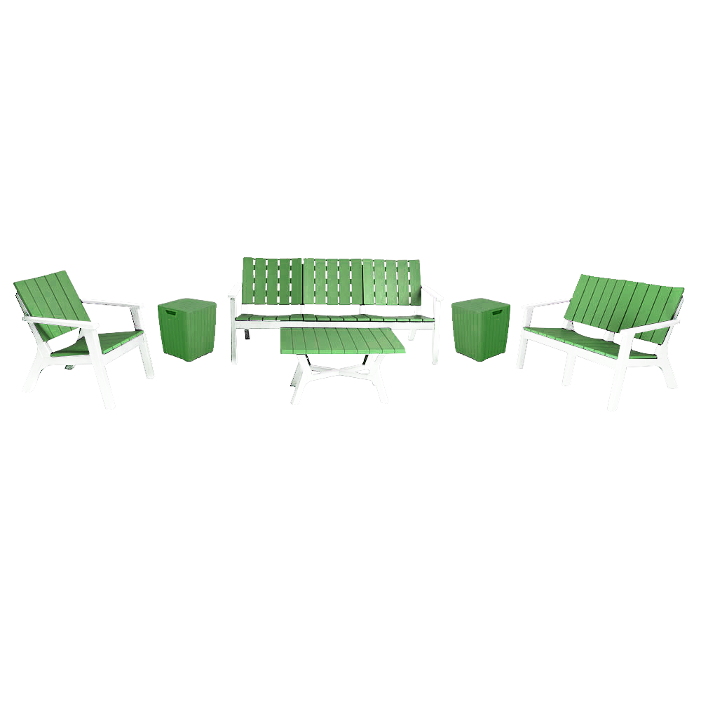 Salon De Jardin Central Park SOTUFAB 8 Places Bois Dont 2 Tabourets Coffres - CHS520-0056 - Blanc / Vert Olive