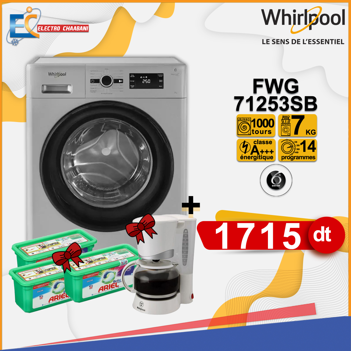 Machine à laver Frontale WHIRLPOOL 6éme Sens 7KG Automatique Silver FWG71253SB