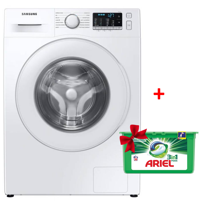 Lave Linge Frontale SAMSUNG Eco Bubble 7Kg Blanc - WW70TA046TE + Ariel 3in1 pods détergent alpine Offert