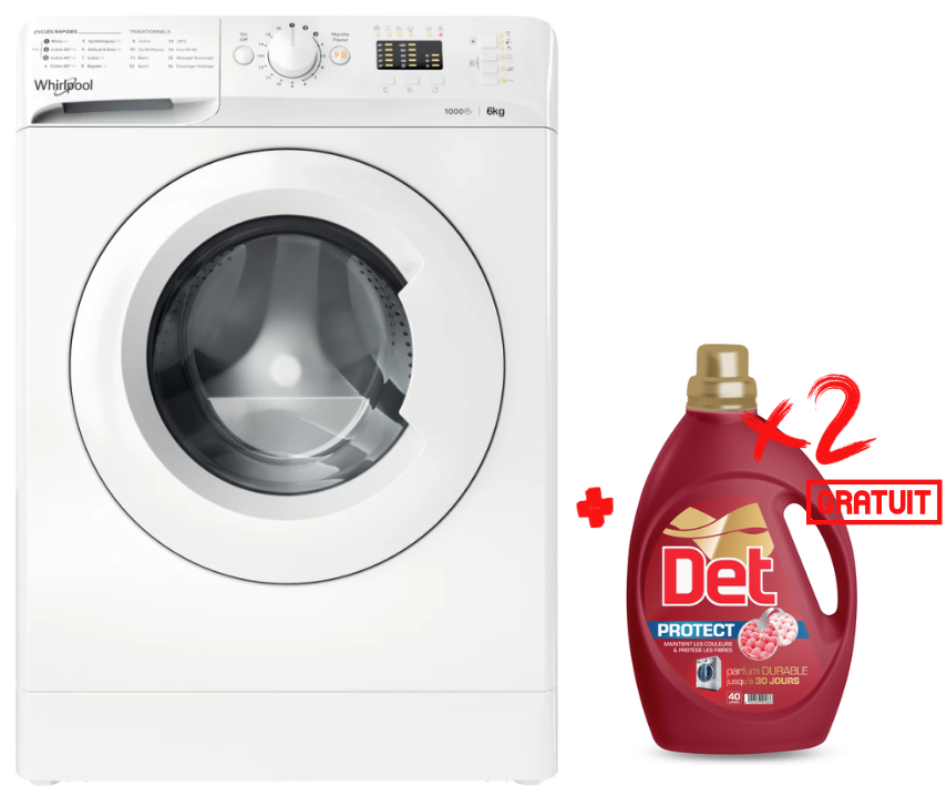 Lave Linge Whirlpool Hublot, 6 kg, 1000 Tours/min - 6ème sens - Blanc - WMTA 6101 NA + Gel Machine Det 2.5L