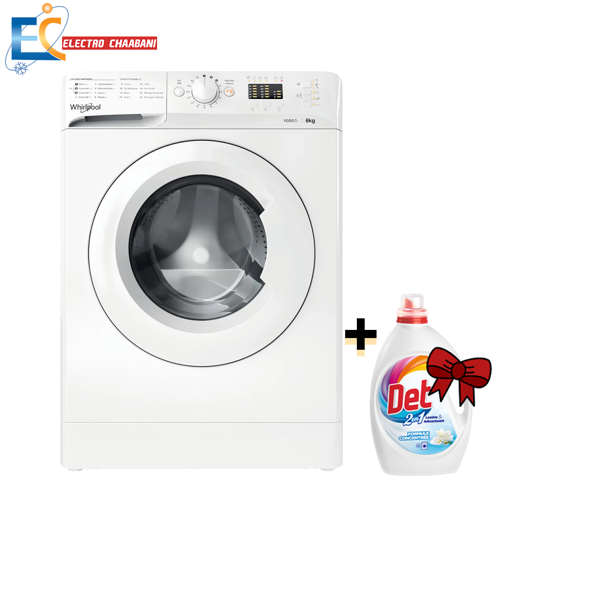 Lave Linge Whirlpool Hublot, 6 kg, 1000 Tours/min - 6ème sens - Blanc - WMTA 6101 NA + Gel Machine Det 2.5L