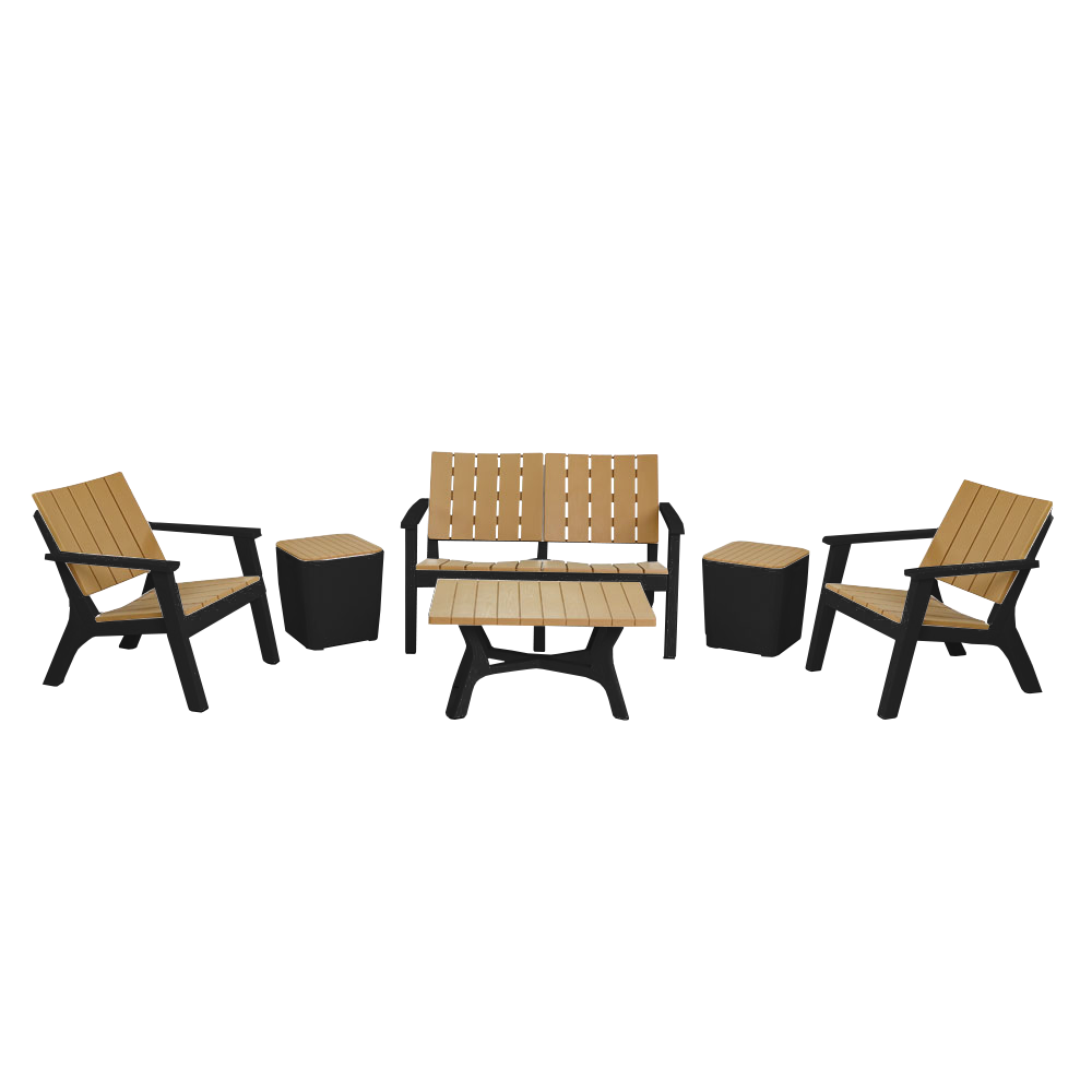 Salon De Jardin Central Park SOTUFAB 4 Places Bois + 2 Tabourets Coffres - CHS320-1067 - Noir / Brun