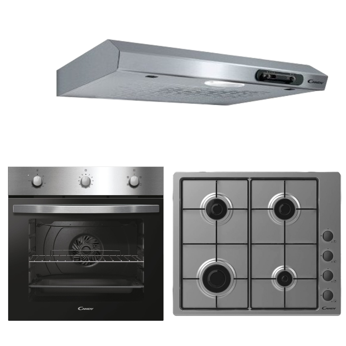 Pack Encastrable Candy - Plaque  Inox 4Feux - Four Enc Inox - Hotte Casquette Inox