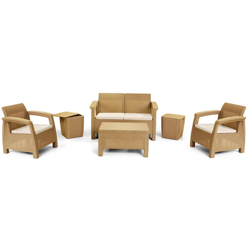Salon De Jardin Carthage SOTUFAB 6 Places Dont 2 Tabouret Coffres - CHS055-67 -  Brun