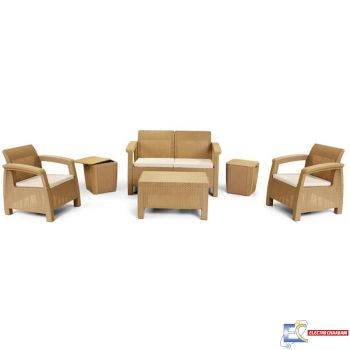 Salon De Jardin Carthage SOTUFAB 6 Places Dont 2 Tabouret Coffres - CHS055-67 -  Brun