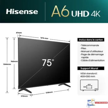 Téléviseur LED HISENSE 75A6500N  75" Smart Série 4K ULTRA HD Google TV - Noir