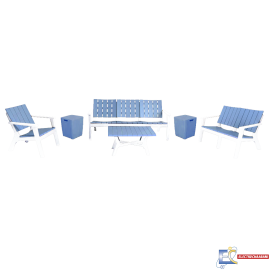 Salon De Jardin Central Park SOTUFAB 8 Places Bois Dont 2 Tabourets Coffres - CHS520-0031 - Blanc / Bleu Gris